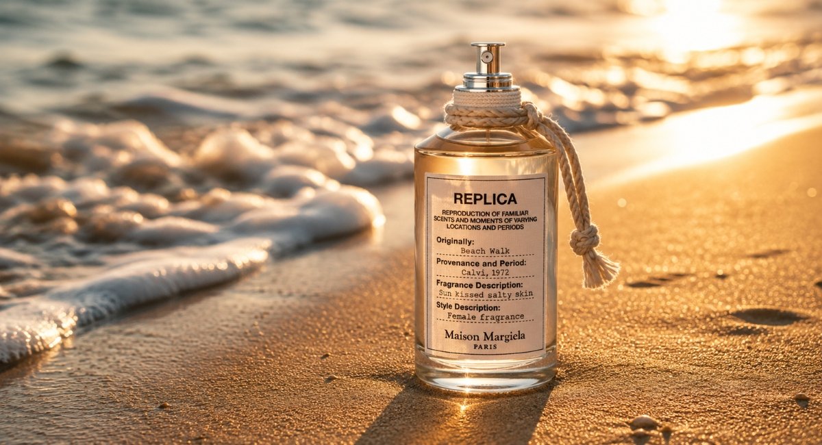 Maison Margiela Replica Beach Walk EDT bottle on sun-drenched sandy shore with ocean waves