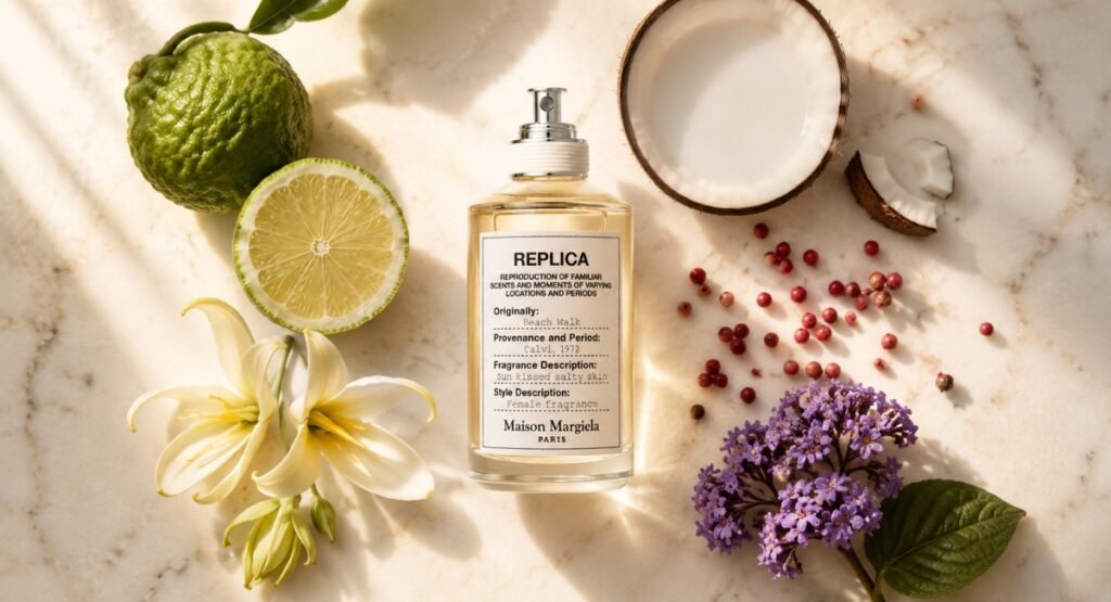 Maison Margiela Replica Beach Walk fragrance notes bergamot coconut ylang ylang flat lay
