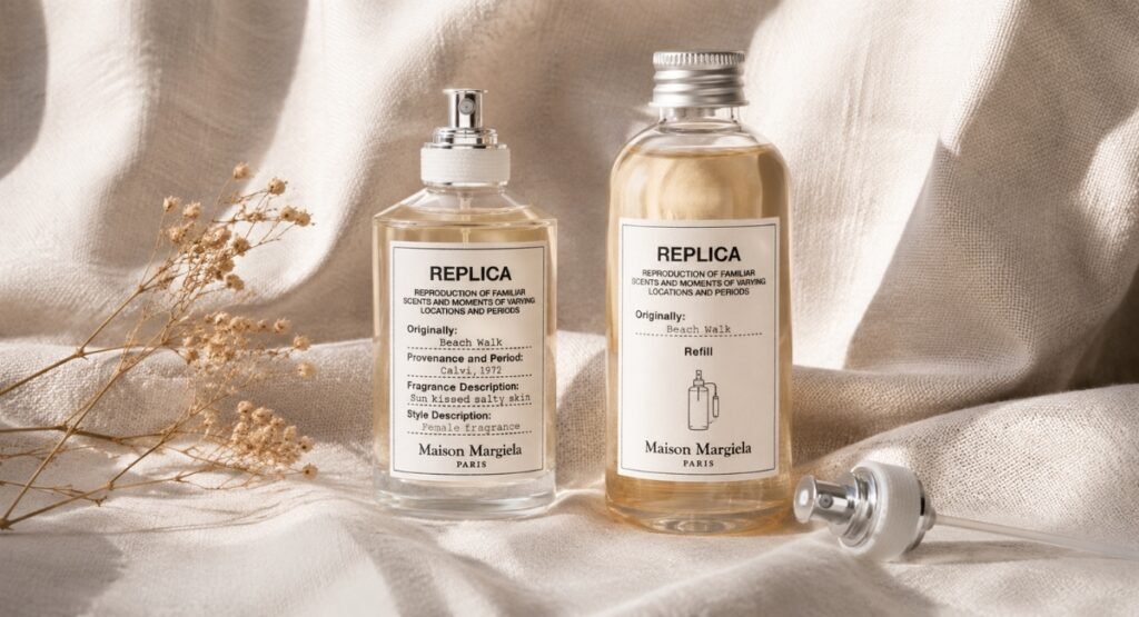 Maison Margiela Replica Beach Walk refillable EDT bottle and refill pack on linen background
