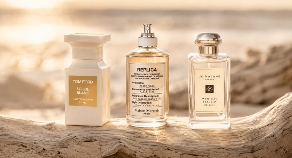 Maison Margiela Replica Beach Walk bottle alongside Tom Ford Soleil Blanc and Jo Malone Wood Sage comparison
