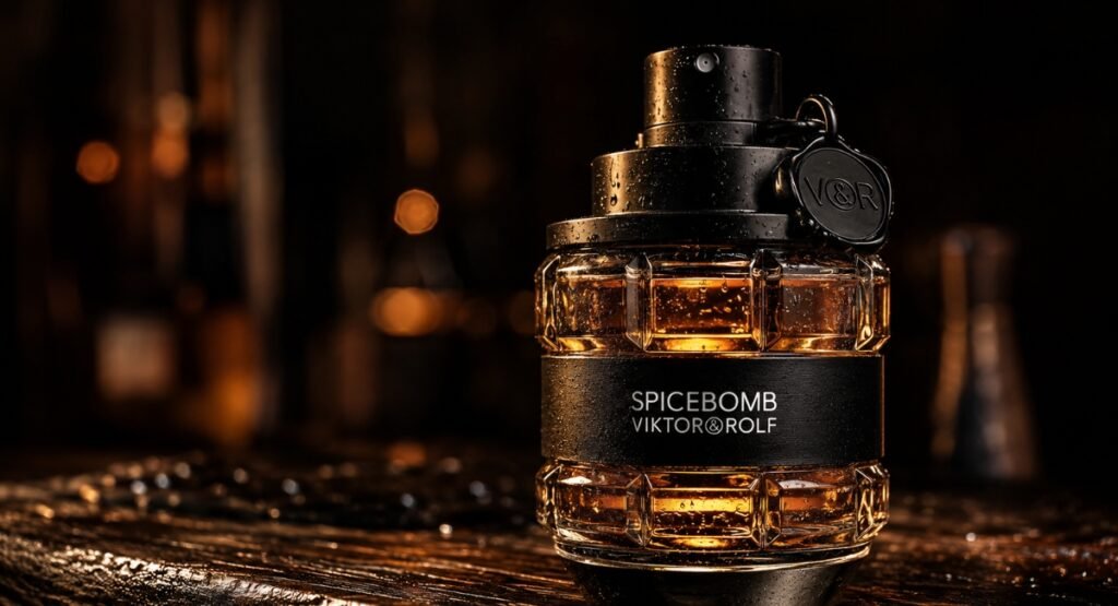 Close-up of Spicebomb EDT grenade bottle showing black band design