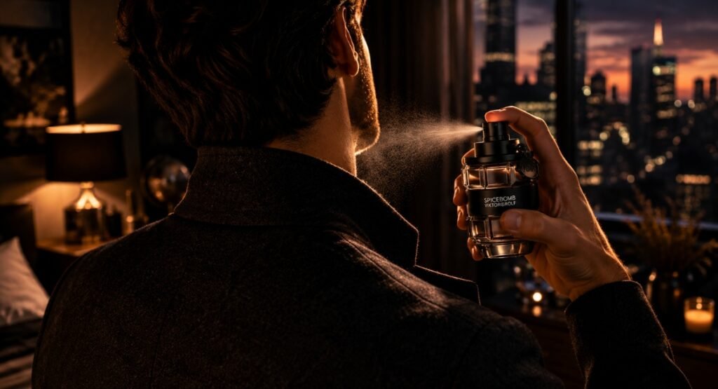 Man applying Spicebomb EDT cologne before an evening out in cold weather