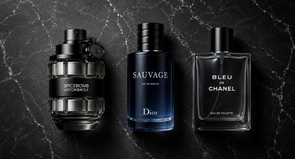 Flatlay of Spicebomb EDT next to Bleu de Chanel and Dior Sauvage bottles for comparison