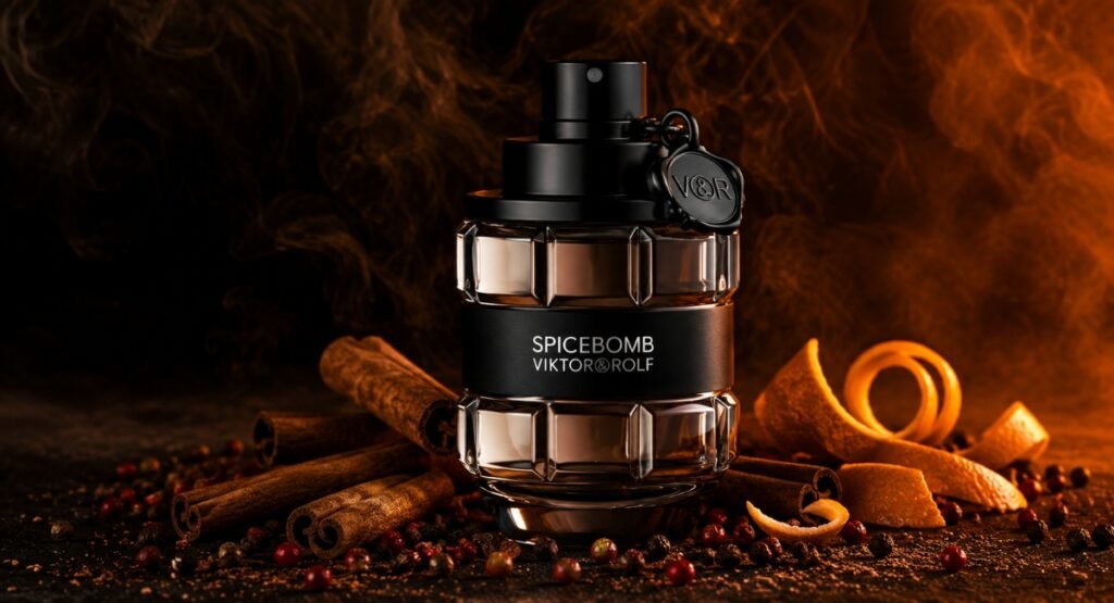 Spicebomb EDT bottle styled with cinnamon sticks and pepper for final verdict section