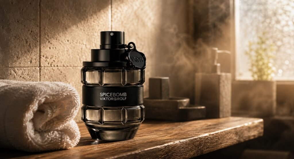 Spicebomb EDT cologne bottle on bathroom shelf with application tips styling