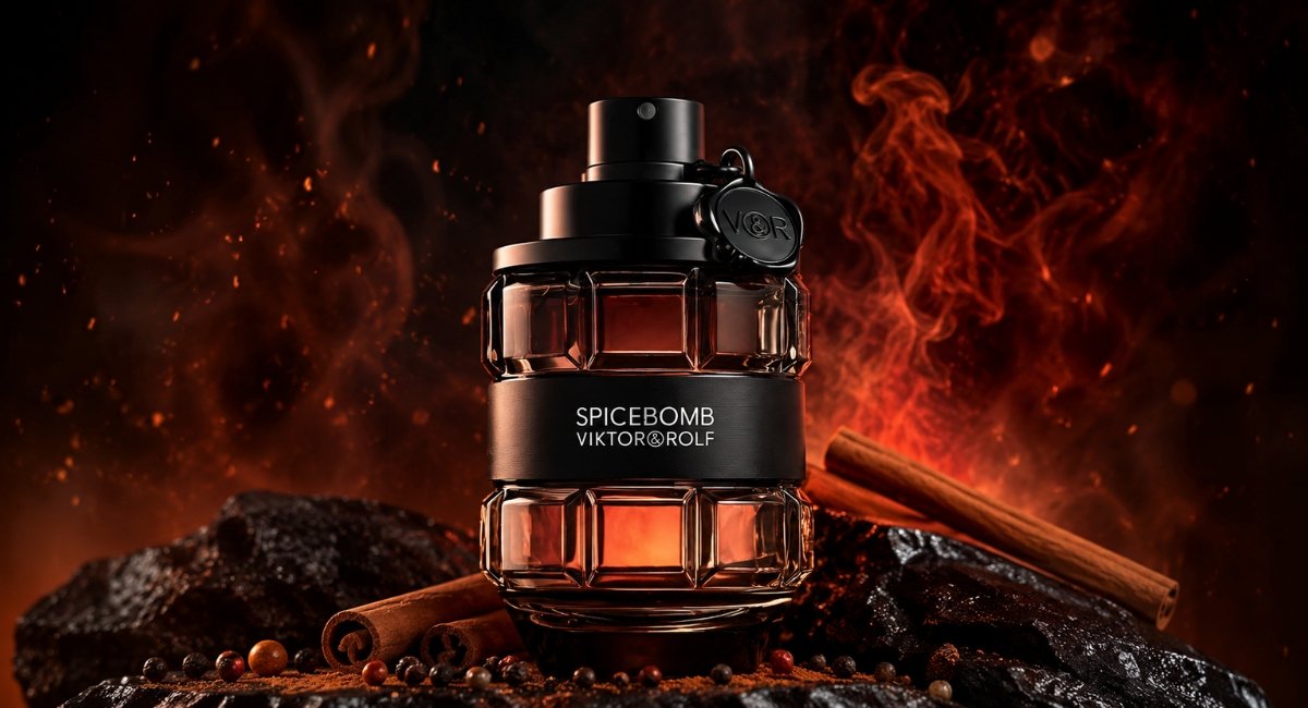 Spicebomb EDT by Viktor & Rolf grenade-shaped bottle on dark smoky background