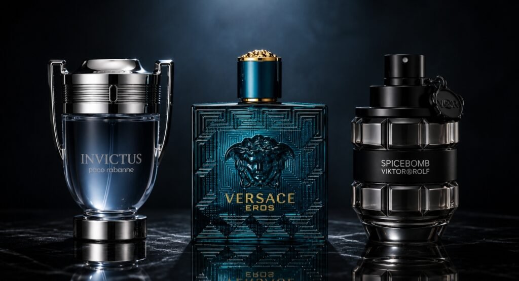 Versace Eros EDT compared with similar designer cologne bottles

