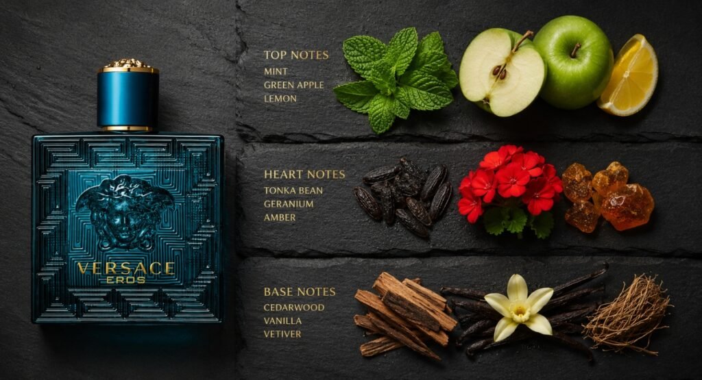 Versace Eros EDT fragrance notes pyramid showing top middle and base notes
