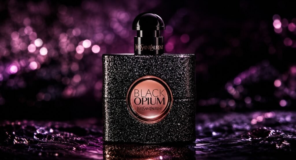 YSL Black Opium EDP black sequin bottle rose gold logo luxury dark background
