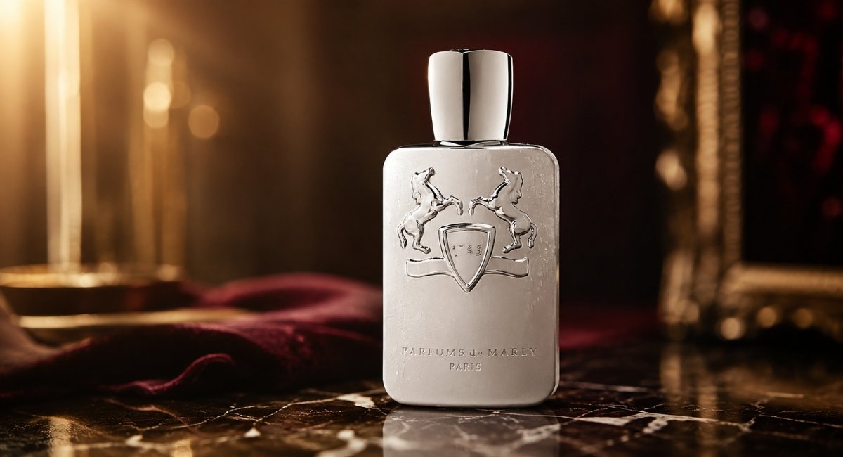 Parfums de Marly Pegasus bottle review hero shot on marble surface