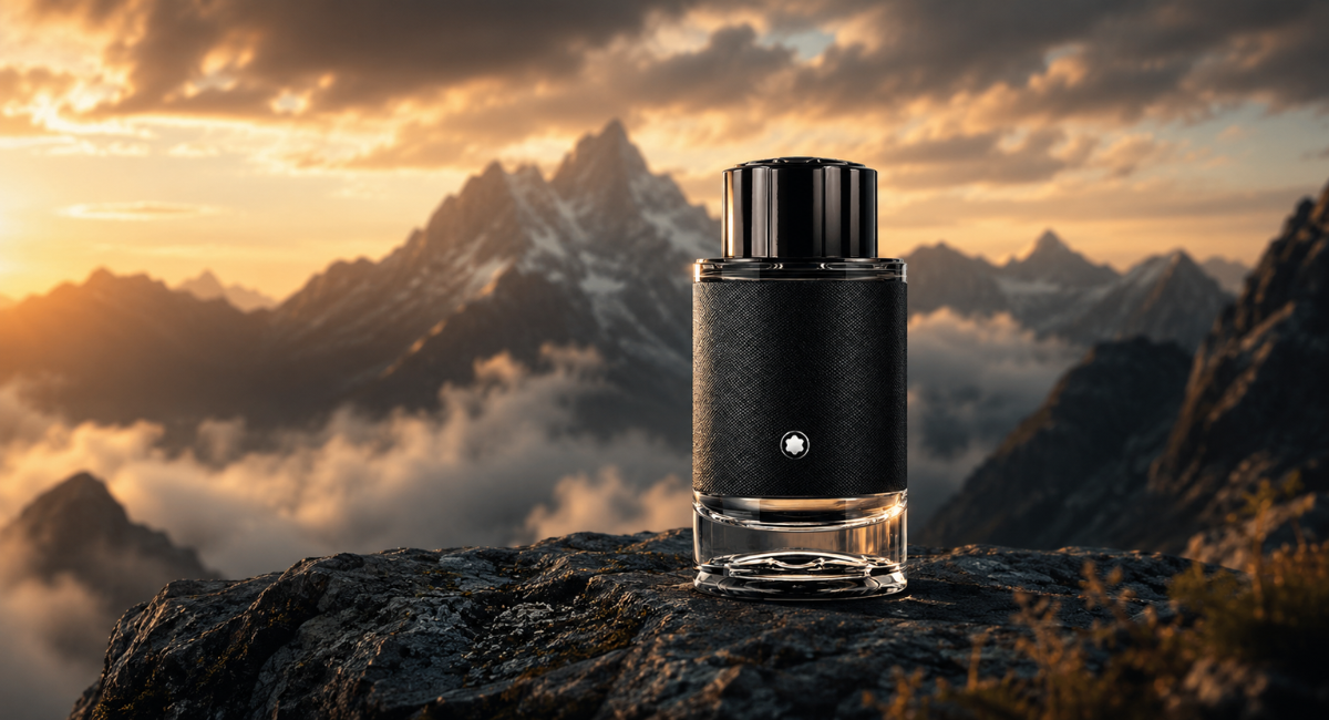 Mont Blanc Explorer EDP bottle against rugged mountain landscape, cinematic product shot