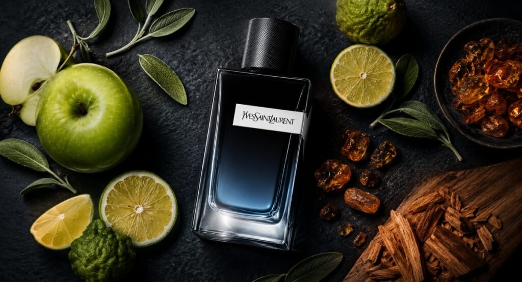 YSL Y EDP fragrance notes pyramid showing apple bergamot sage amberwood