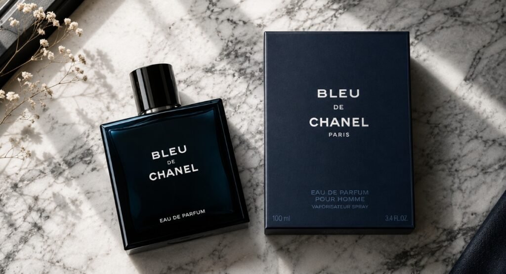 Bleu de Chanel EDP review bottle and navy gift box on marble countertop