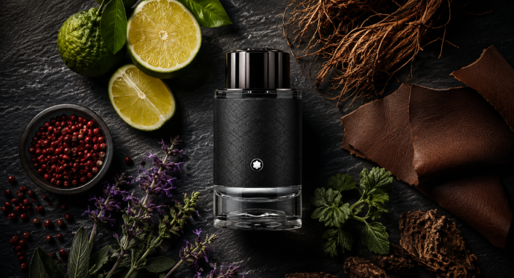Mont Blanc Explorer EDP fragrance notes pyramid showing bergamot, vetiver, patchouli ingredients