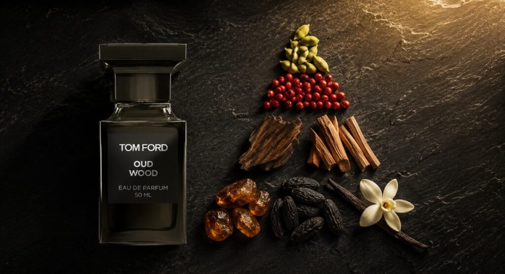 Tom Ford Oud Wood fragrance note pyramid showing cardamom, oud and sandalwood ingredients arranged beautifully
