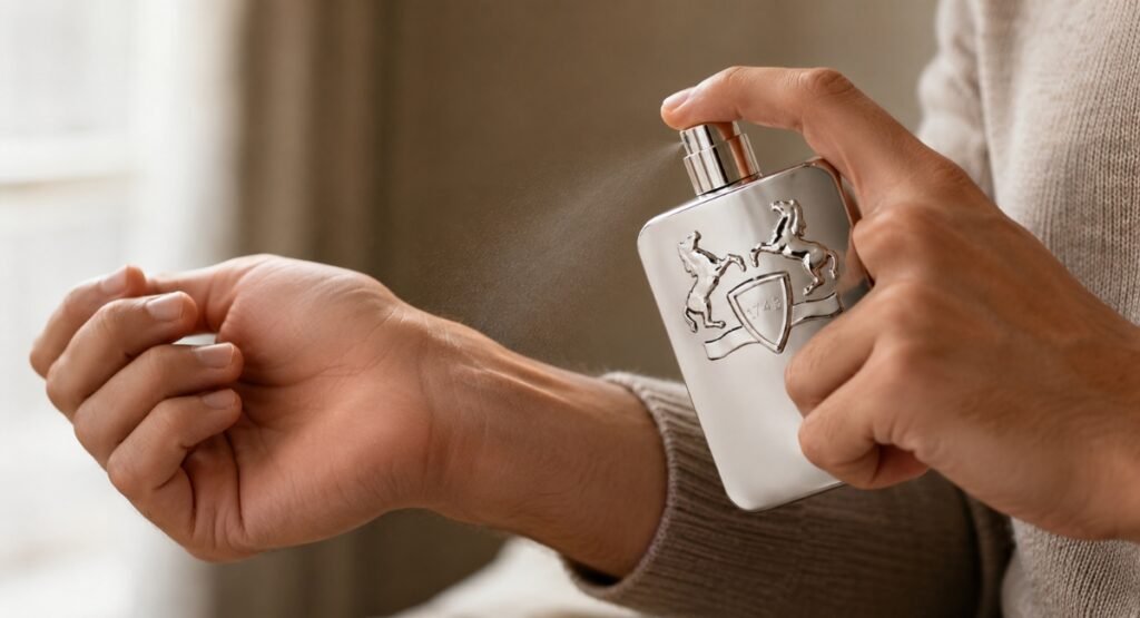 Applying Parfums de Marly Pegasus cologne to wrist pulse point
