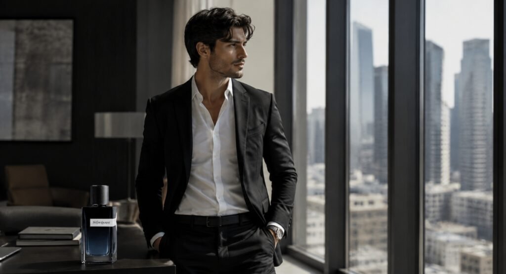 Confident professional man wearing YSL Y EDP fragrance in modern office environment