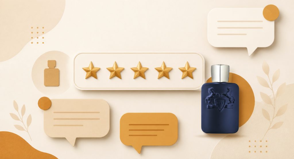 Collage of Parfums de Marly Layton review ratings and reviewer reactions
