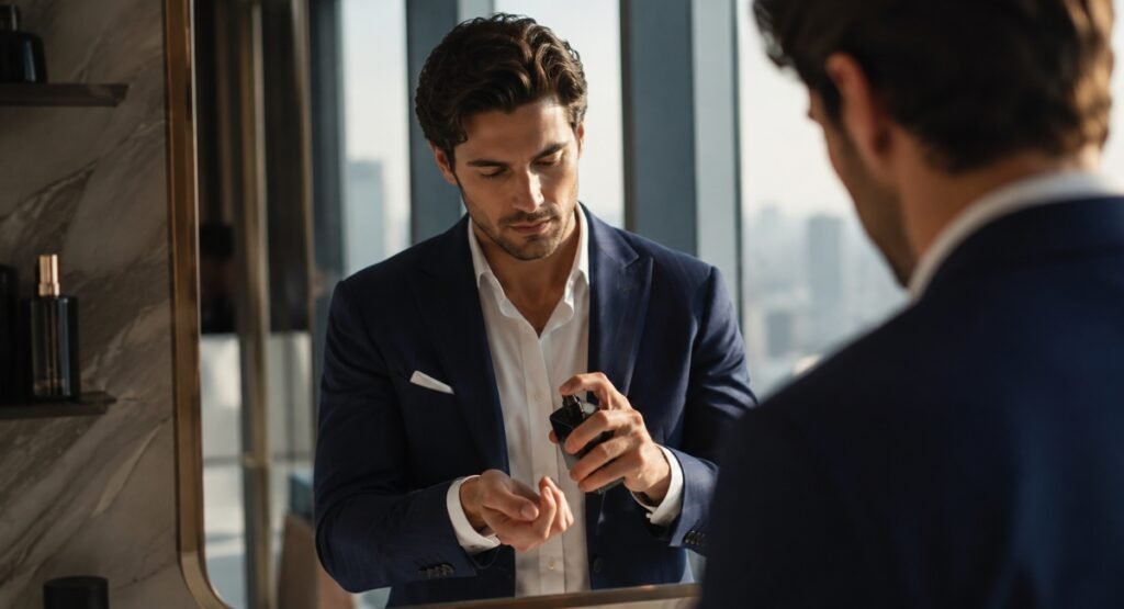 Person applying Bleu de Chanel EDP review fragrance to wrist before work