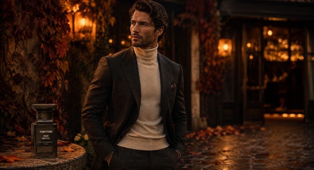 Sophisticated man in dark blazer wearing Tom Ford Oud Wood in an autumn evening setting with warm bokeh

