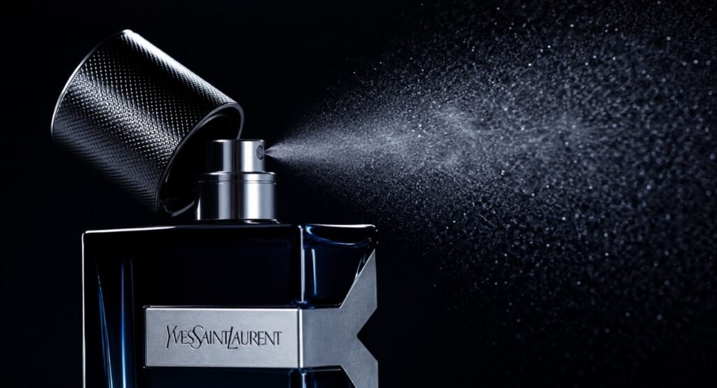 Close-up of YSL Y Eau de Parfum spray nozzle with navy blue glass bottle