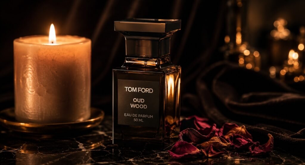 Tom Ford Oud Wood Private Blend bottle displayed elegantly with warm ambient candle lighting
