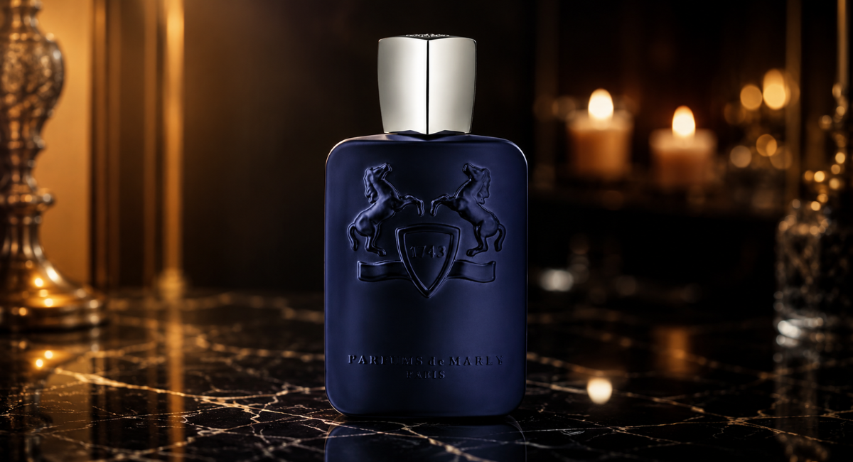 Layton by Parfums de Marly review bottle on marble with amber light