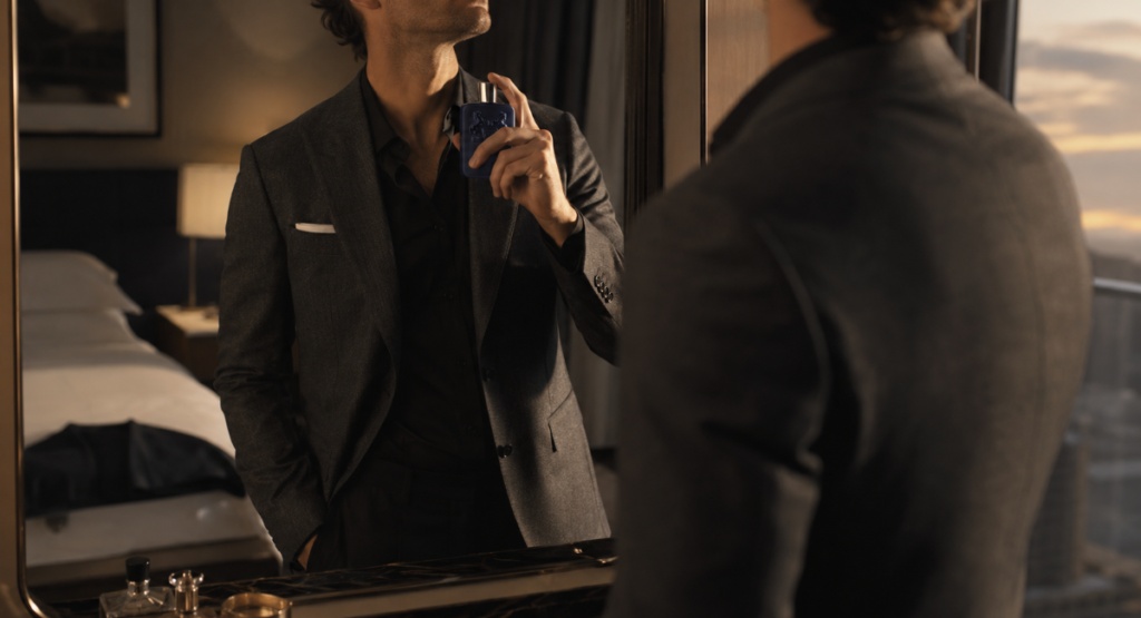 Man applying Parfums de Marly Layton cologne before evening outfit
