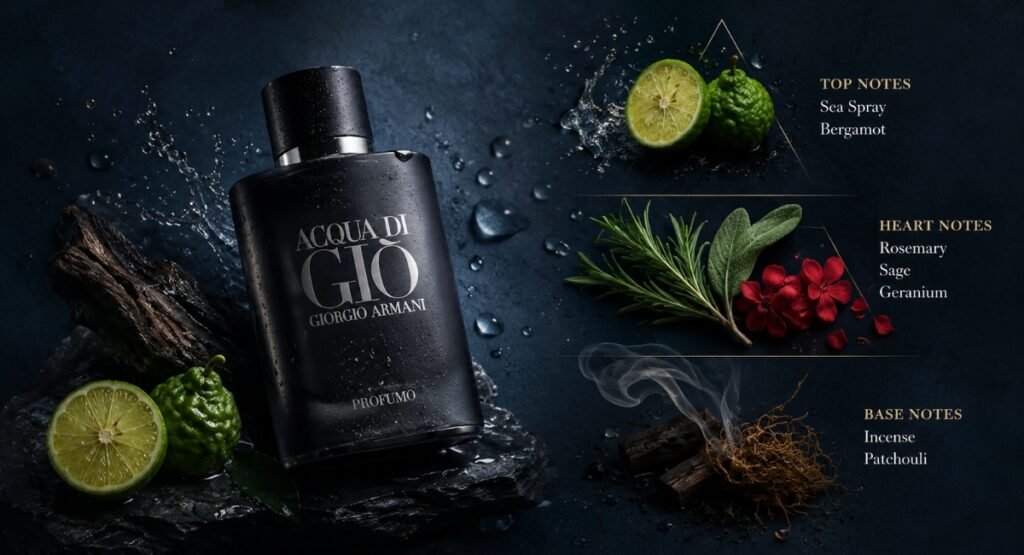 Fragrance notes pyramid illustration for Acqua di Gio Profumo review top middle base notes