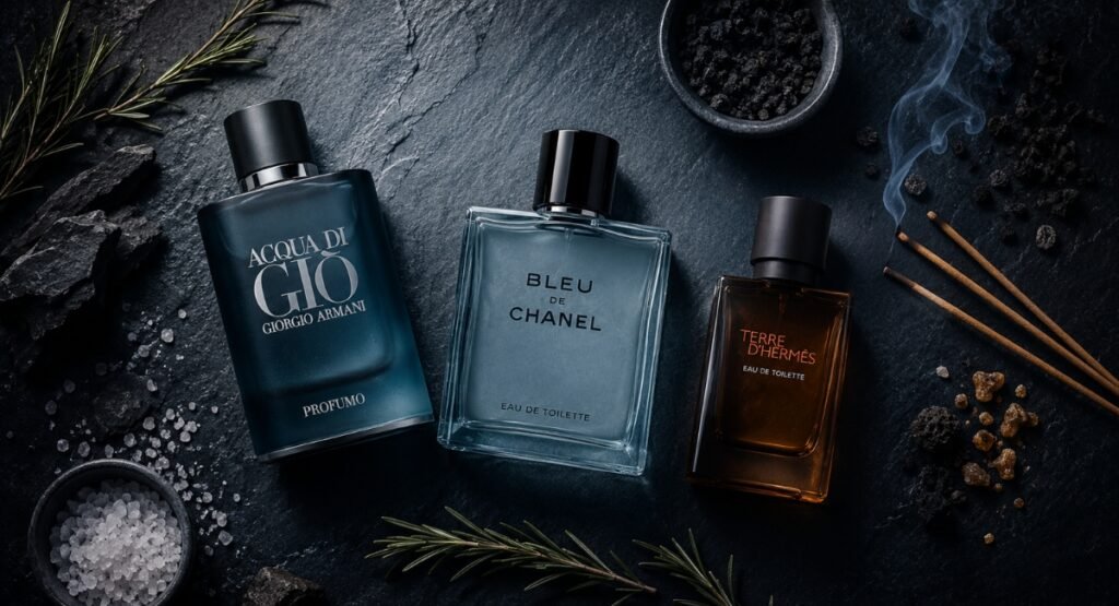 Acqua di Gio Profumo review comparison flatlay with Bleu de Chanel and budget alternatives