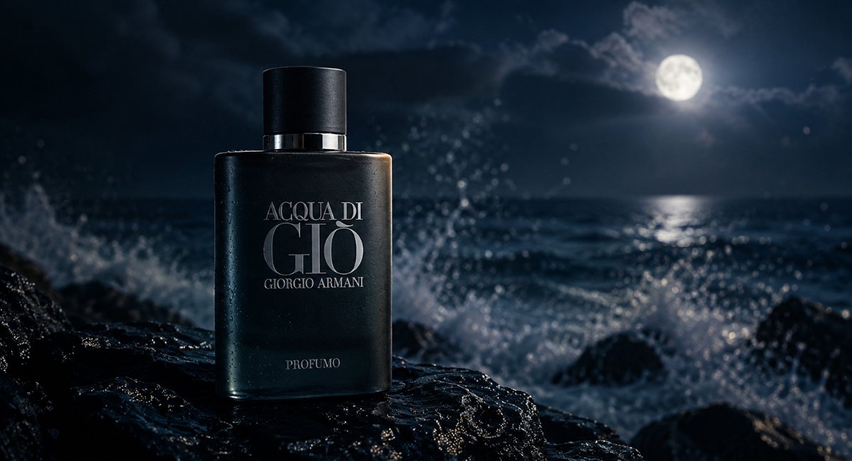 Acqua di Gio Profumo review hero shot of the bottle on dark volcanic rock