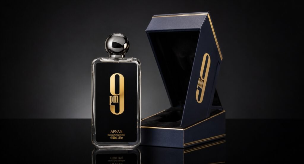 Afnan 9PM Review bottle and gift box packaging design