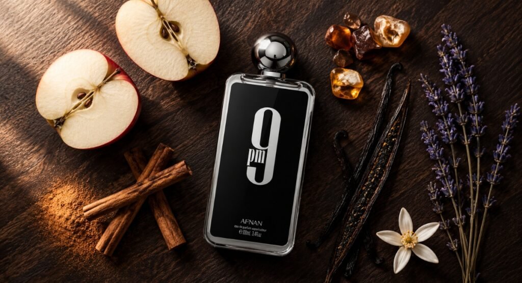 Afnan 9PM Review notes flatlay with apple cinnamon and vanilla