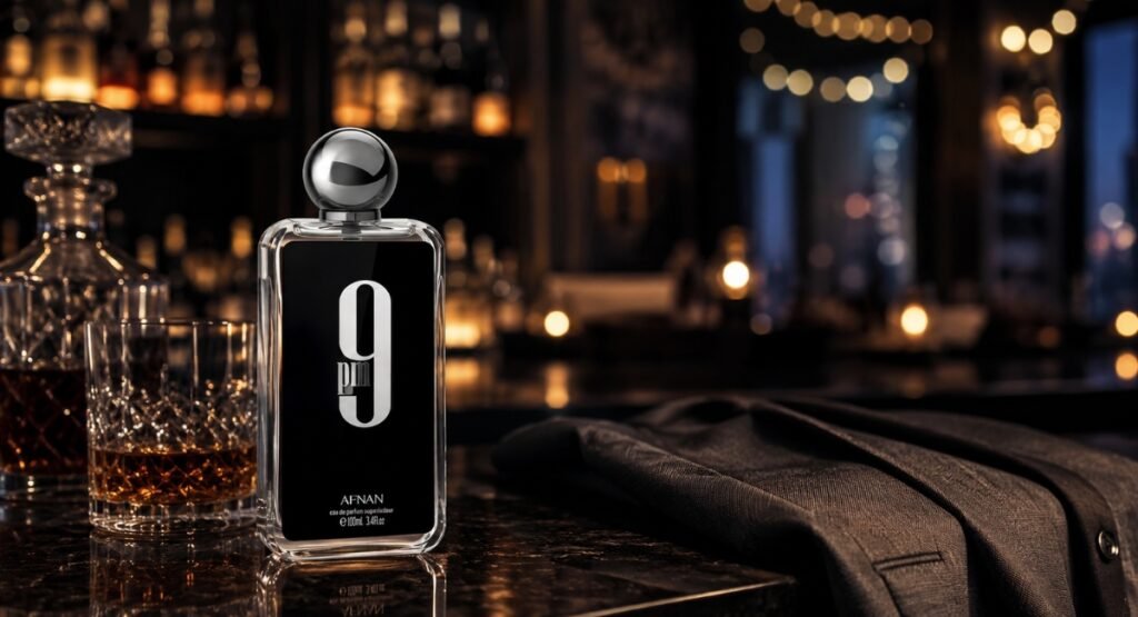Afnan 9PM Review lifestyle shot of bottle styled for a night out