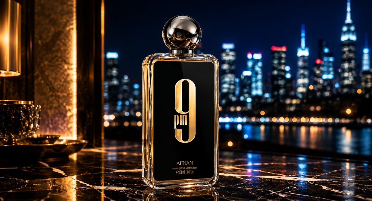 Afnan 9PM Review hero shot of the bottle at night cityscape