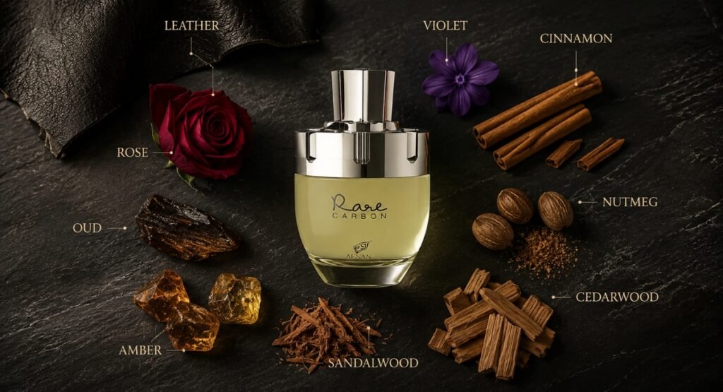 Afnan Rare Carbon fragrance notes pyramid leather oud rose sandalwood amber illustration
