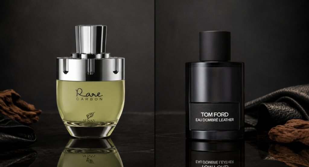 Afnan Rare Carbon bottle beside Tom Ford Ombré Leather budget dupe comparison side by side
