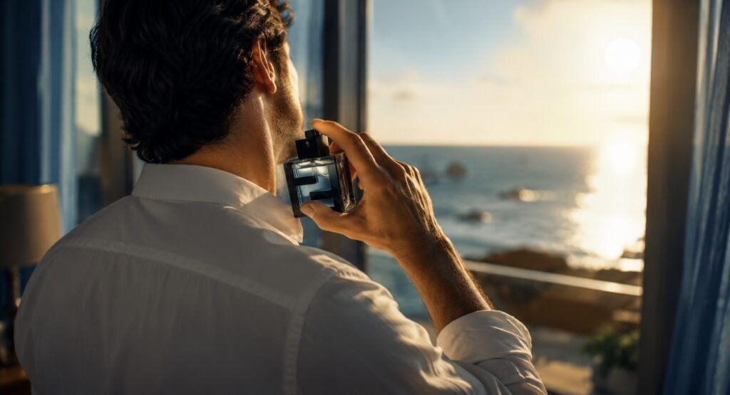 Man applying Fan di Fendi Acqua cologne on summer day