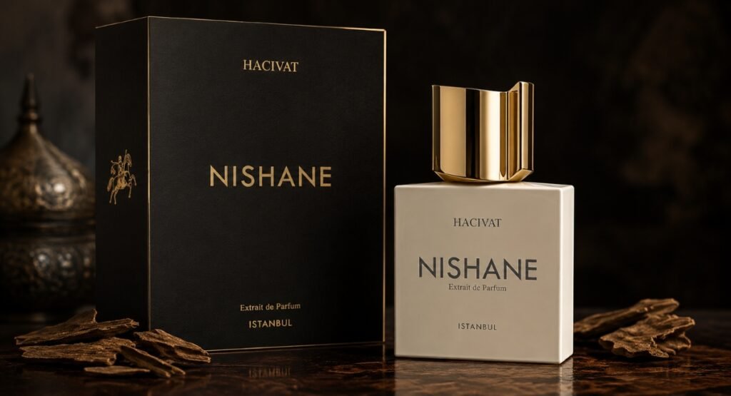Nishane Hacivat perfume bottle and black gold packaging box design