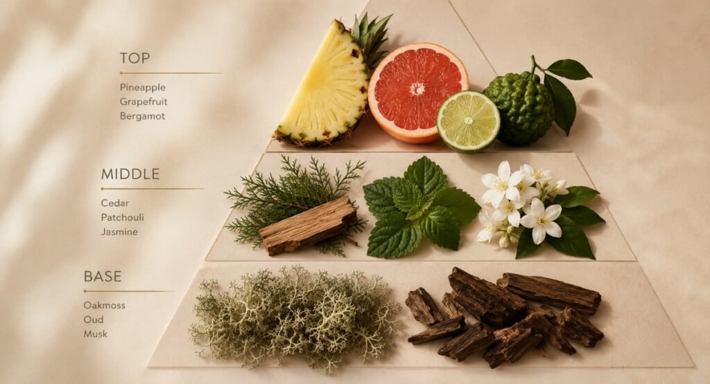 Nishane Hacivat fragrance notes pyramid with pineapple oakmoss cedar