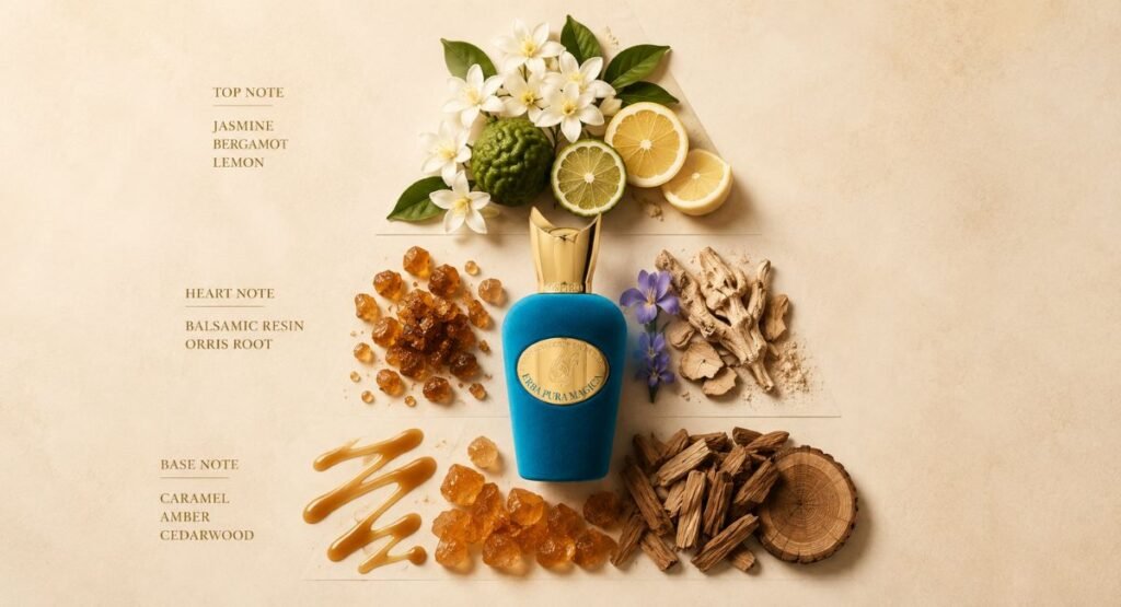 Sospiro Erba Pura Magica fragrance notes pyramid showing top, middle and base notes