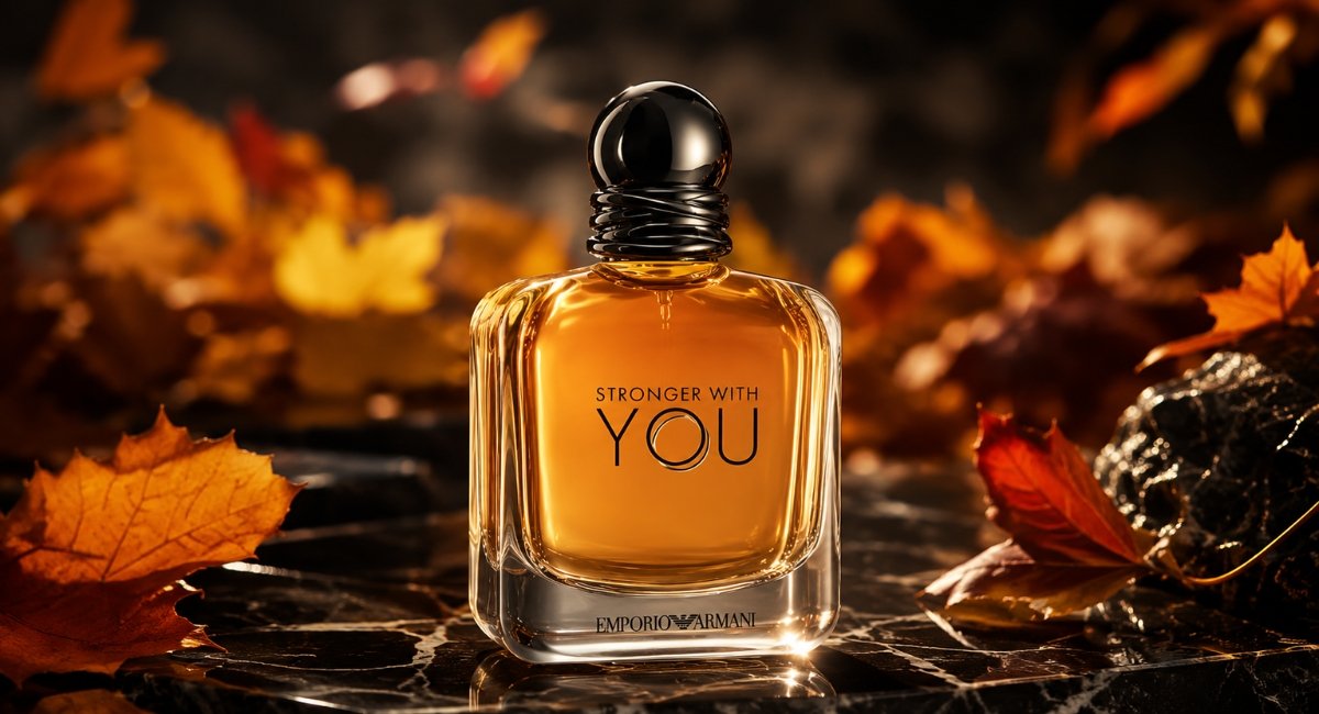 Emporio Armani Stronger With You bottle on dark moody background with warm amber lighting