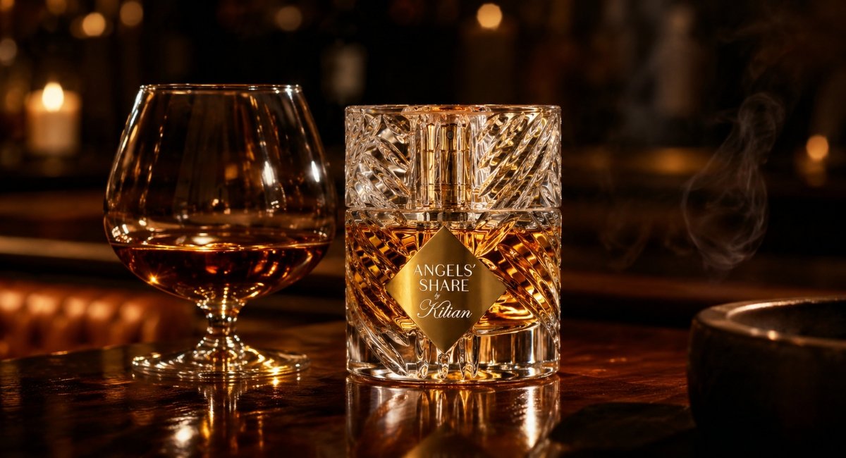 Kilian Angels' Share review bottle with cognac glass on dark bar table