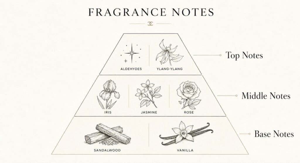 Chanel N°5 Eau de Parfum fragrance notes pyramid diagram
