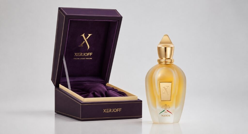 Xerjoff Naxos perfume bottle and purple gift box packaging
