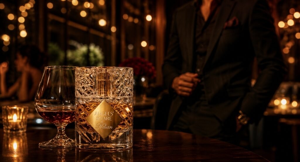 Kilian Angels' Share review perfume styled for evening date night look
