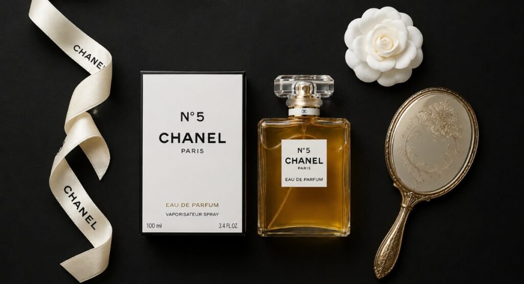 Chanel N°5 Eau de Parfum review final verdict flat lay with bottle and box
