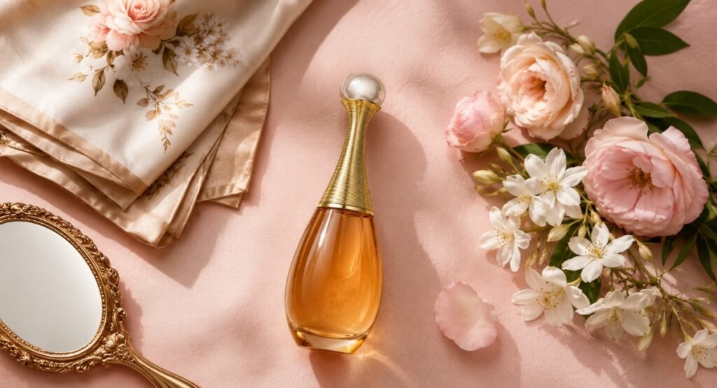Elegant flat lay styling for Dior J'adore EDP review final verdict section