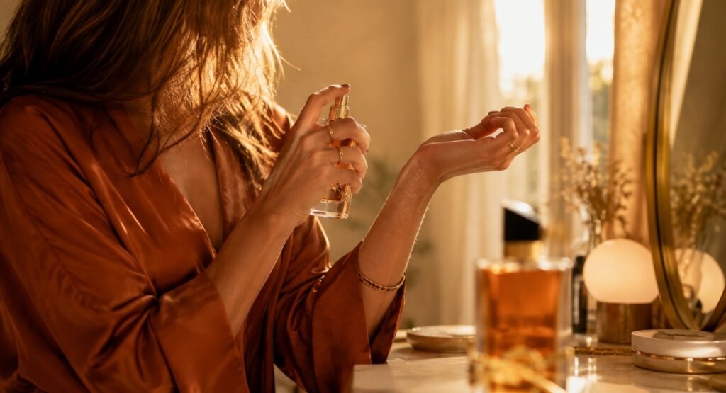 Woman applying YSL Libre Intense EDP on pulse points lifestyle shot
