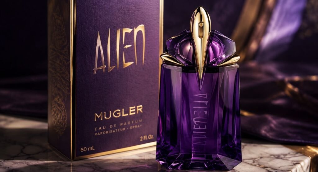 Mugler Alien EDP refillable amethyst bottle and gift box packaging
